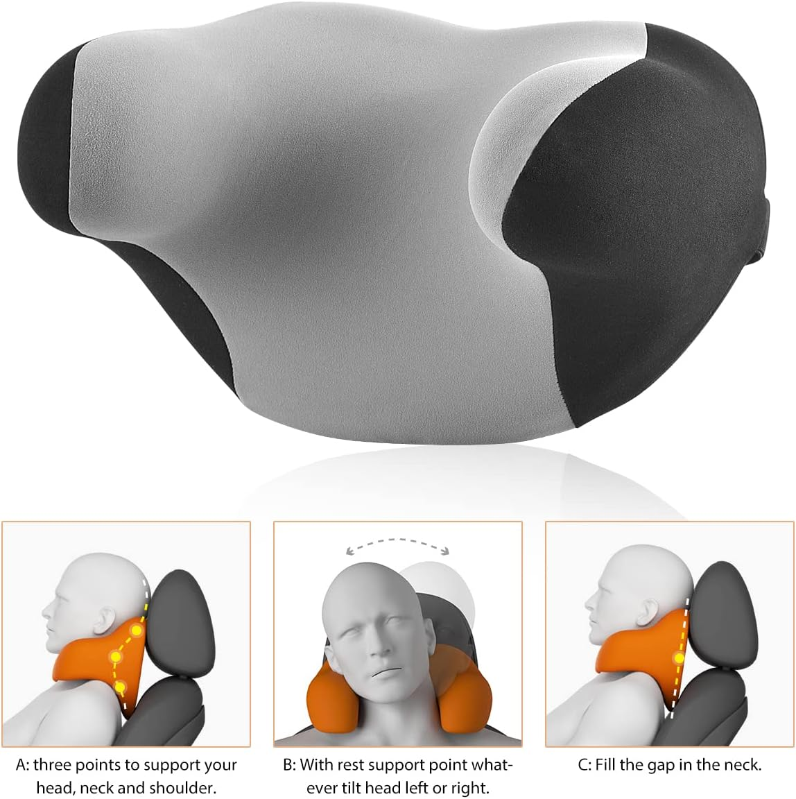 Car Headrest Neck Pillow Comfortable Memory Form Breathable Ergonomic Design Relieving Neck Stiffness and Adjustable Straps for Different Sitting Positing（Black Grey） image number 1