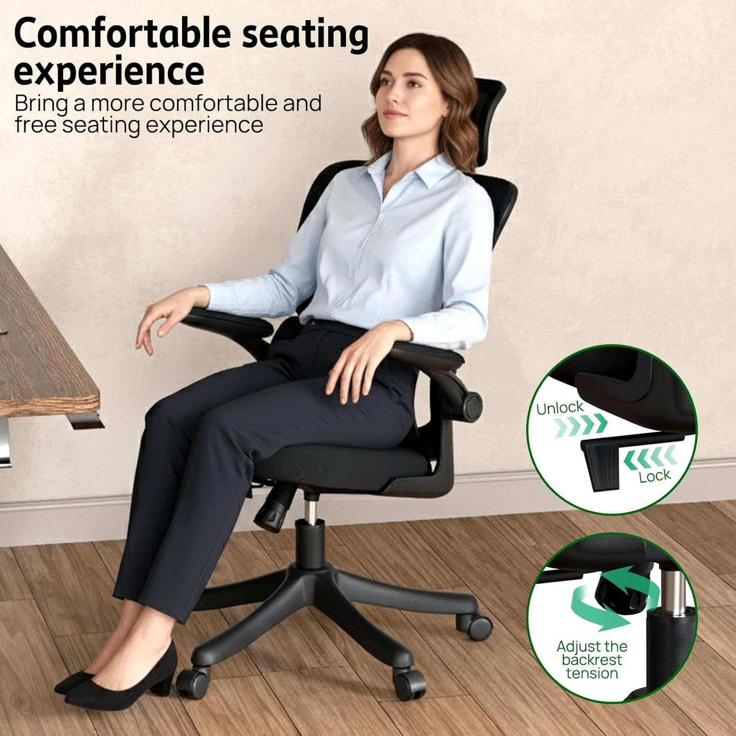 Ergonomic Home Office Chair with Lumbar Support and Adjustable Headrest High Back Mesh Desk Chair Flip-Up Armrest Ergonomic Computer Chair Black - Black image number 6