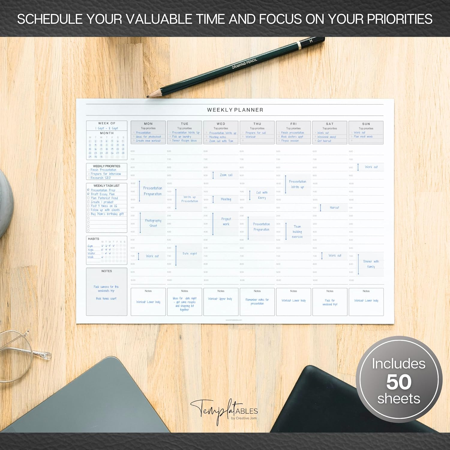 Weekly Hourly Planner Notepad, Daily Planner Desk Pad, Weekly Schedule, to Do List Note Pad, ADHD Planner | 50 Undated Tear Away Sheets A4 | Mono - Lux image number 3
