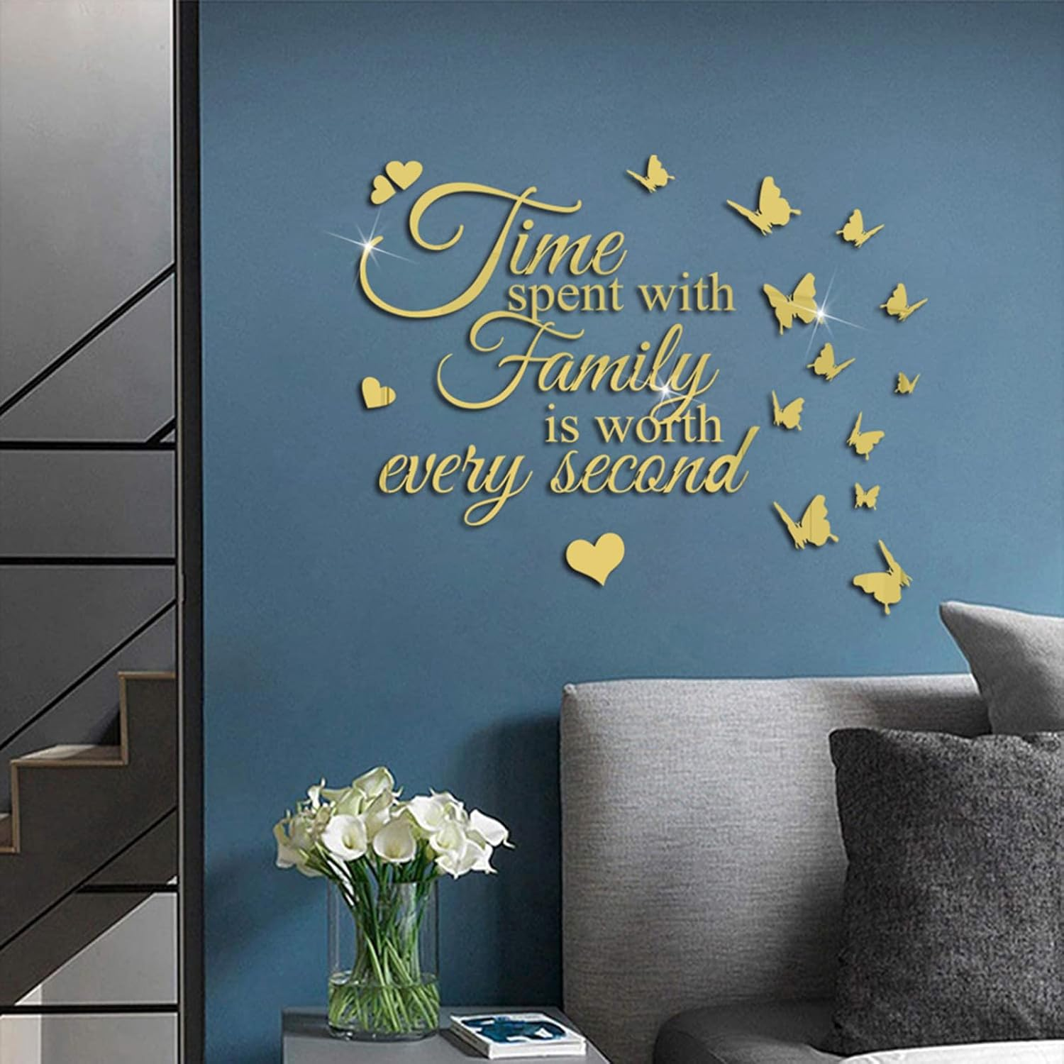 Fkereg Time Spent with Family Is Worth Every Second Mirror Wall Decal, 3D Acrylic Butterfly Wall Stencils Peel and Stick, Vinyl Wall Stickers Motivation Lettering Saying Wall Art Home Decor, Gold - Silver image number 6