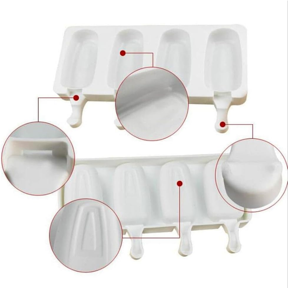 2 Pieces Ice Cream Moulds, 4 Compartments White Ice Cream with 50 Wooden Sticks, Silicone Ice Cake Mould, Cheese Sticks for DIY Ice Lolly (21.5 X 12.5 X 2 Cm) image number 5
