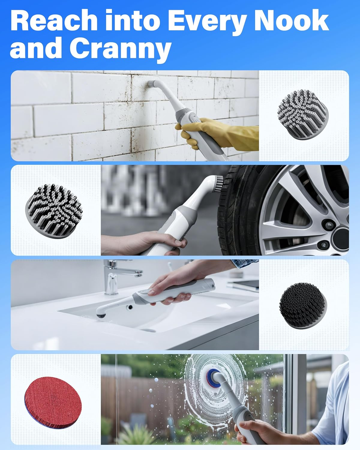 Sashion Sonic Scrubber Kit - Electric Rechargeable Scrub Cleaning Brush, Cordless Spin Scrubbing Cleaner with 5 Interchangeable Heads & IPX7 Waterproof for Home, Kitchen, Bathroom, Shower, Tub, Grout image number 2