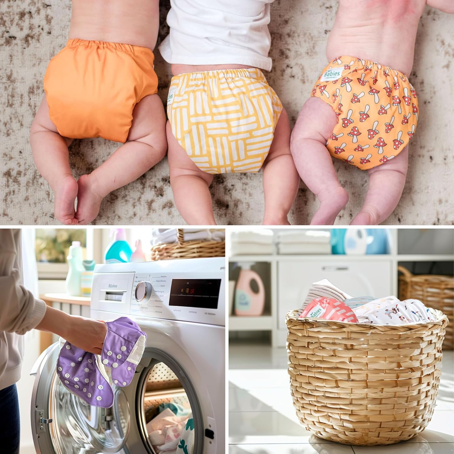 7-Pack Reusable Cloth Diapers with AWJ Interior &ndash; Includes 14 Absorbent Inserts and 1 Wet Bag &ndash; Adjustable, Waterproof, and Washable (Midnight Cozy, Cotton Inserts) image number 7