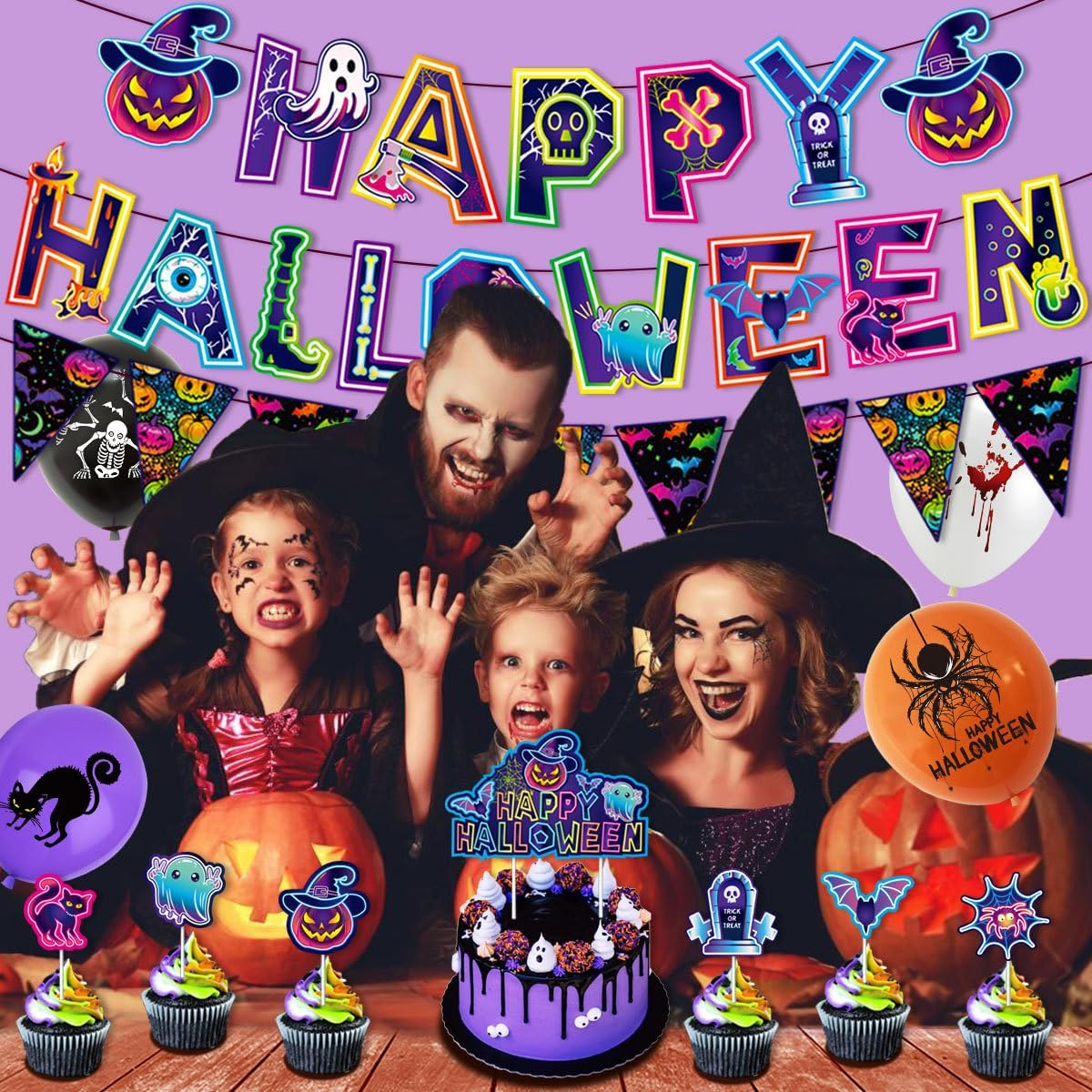 Neon Halloween Party Decorations Kit Glow in the Dark Halloween Background Banner Cake Toppers Balloons Ribbons 20 Pcs 12 Inch Latex Balloons for Black Light Halloween Decor Halloween Effect image number 4