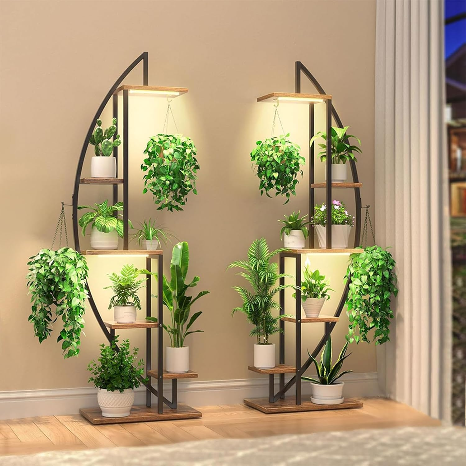 63" Plant Stand Indoor, 6-Tiered Indoor Plant Shelf with Grow Lights Can Hold a Variety of Indoor Plants, Half-Moon Plant Rack Display Shelf, Suitable for Terrace, Living Room (2 Pack) image number 2
