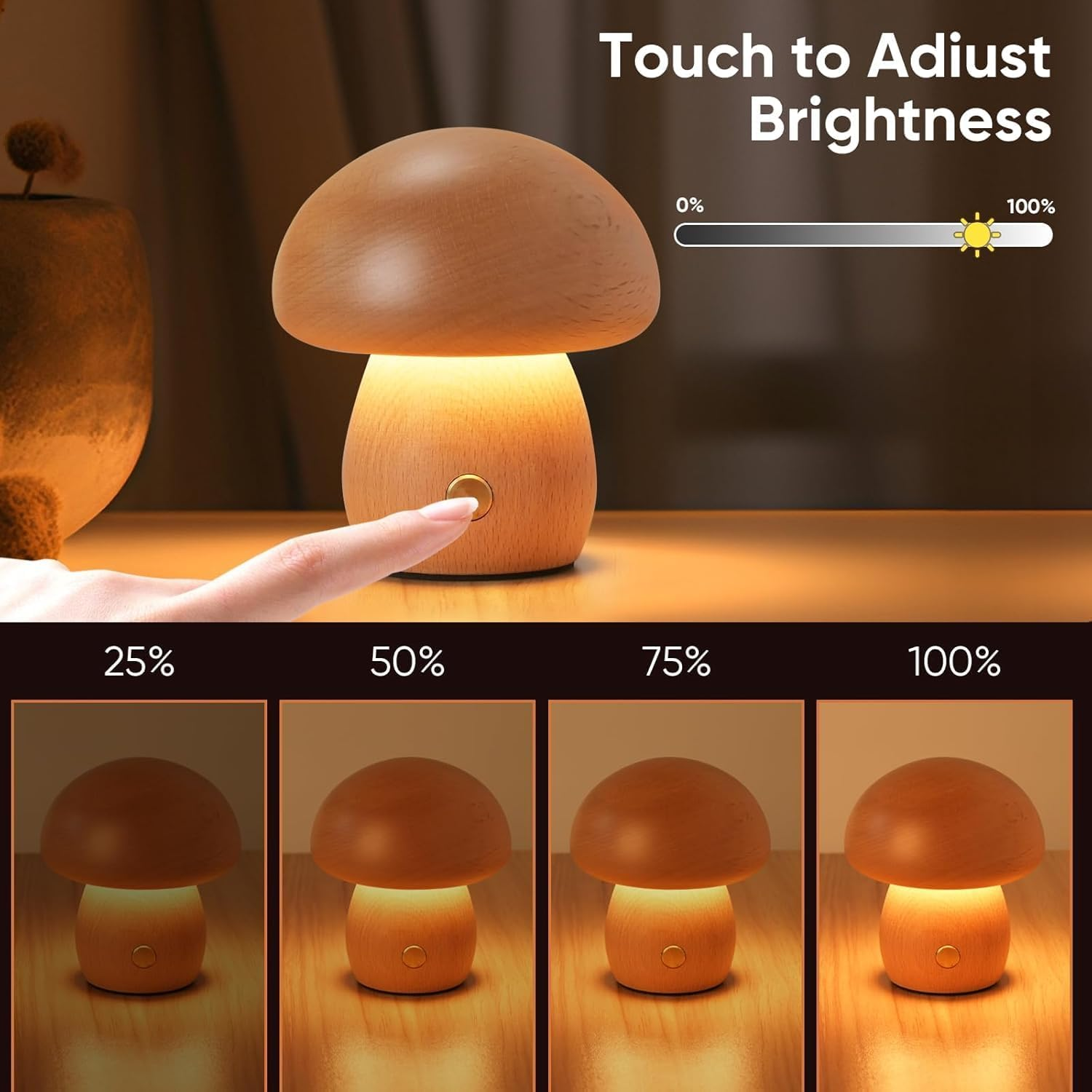 Wooden Mushroom Lamp &ndash; Portable Cordless Rechargeable Beech Wood Table Lamp with Stepless Touch Dimming & Memory, Compact Night Light Birthday Gift image number 2