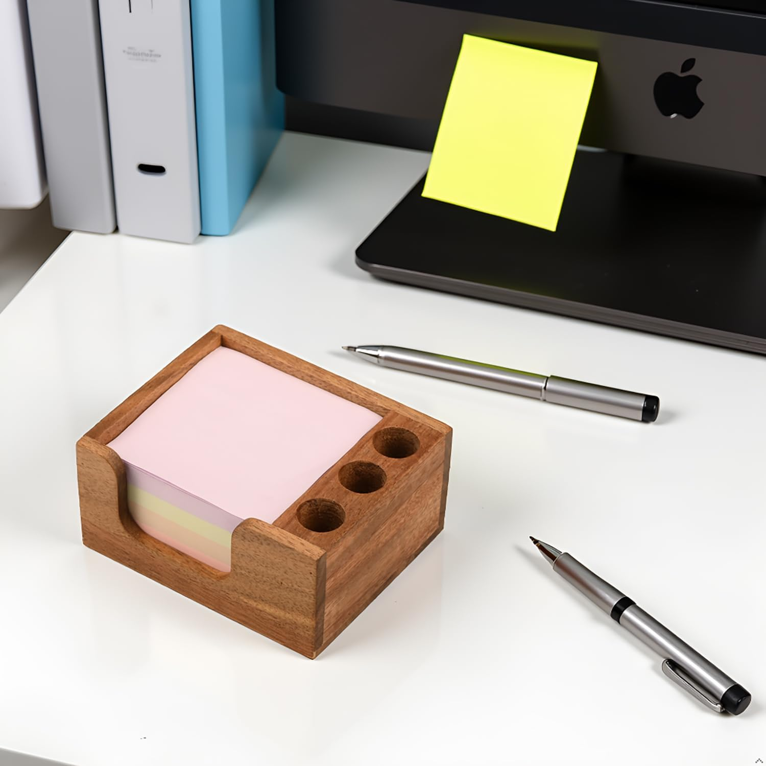 Acacia Wood Sticky Note Holder with 3 Pen Holders, 3X3 Post It Note Dispenser with Anti-Slip Pads, All-In-One Wooden Desk Organizer for Office Home School (4.0&ldquo;X3.5"X2") image number 3