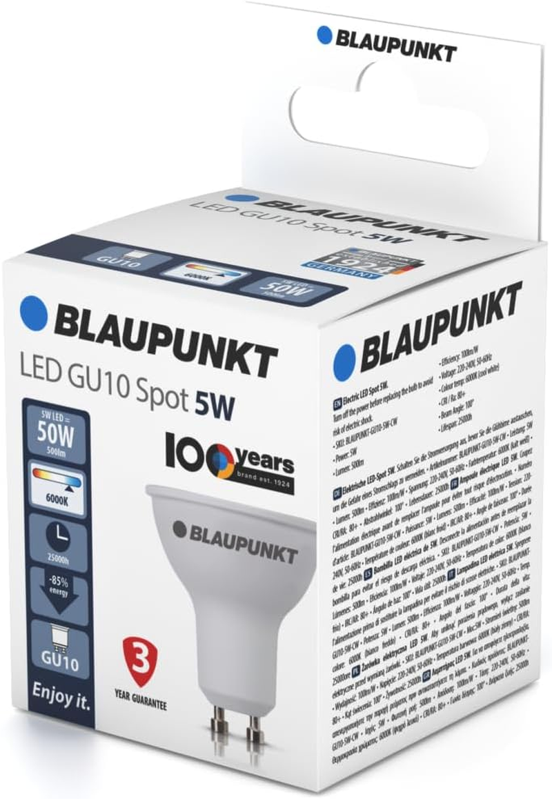 Blaupunkt LED GU10 Spot LED Lamp, 5W, Replaces 50W Incandescent, Cool White 6000K, Cold Light, Non-Dimmable, 500 Lumen, Light Bulb, Room Lighting, 1 Piece (Pack of 1) image number 2