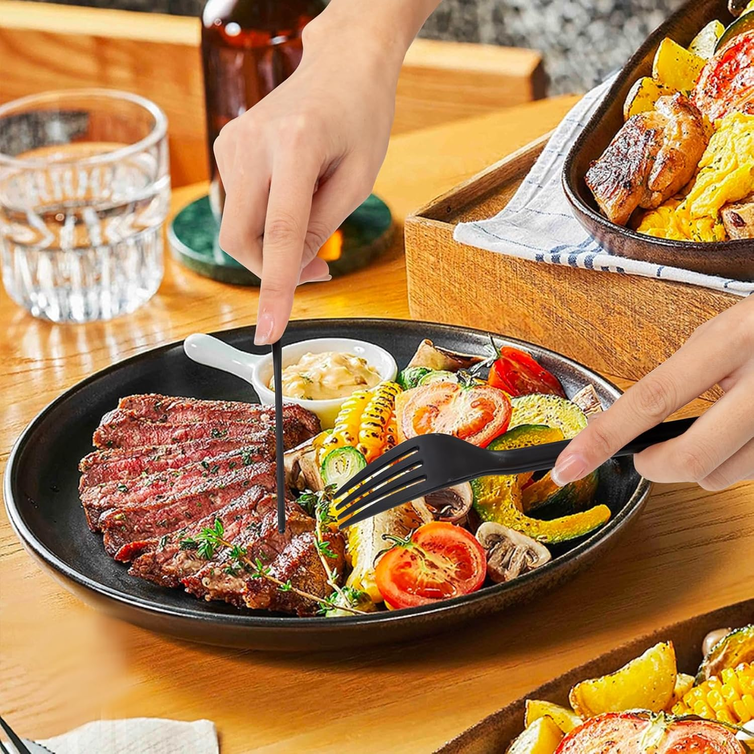 180Pcs Black Cutlery Set,Heavy Duty Cutlery Reusable Wheat Straw Tableware Set with Knife,Fork & Spoon, Dishwasher Safe,For Family Travel Party Outdoor Picnics image number 5