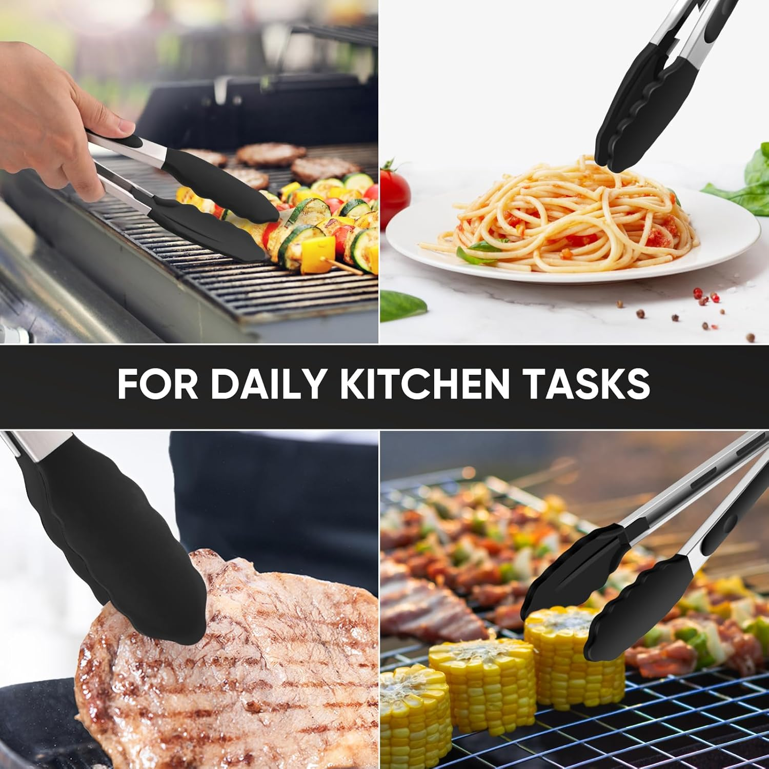 600℉ Heat Resistant Kitchen Tongs for Cooking with Silicone Tips,Maywe Tanso 9-Inch Stainless Steel Locking Cooking Tongs Food Tongs for Bbq,Cooking,Salad and Serving Food,Heavy Duty,Non-Stick(Black) image number 5