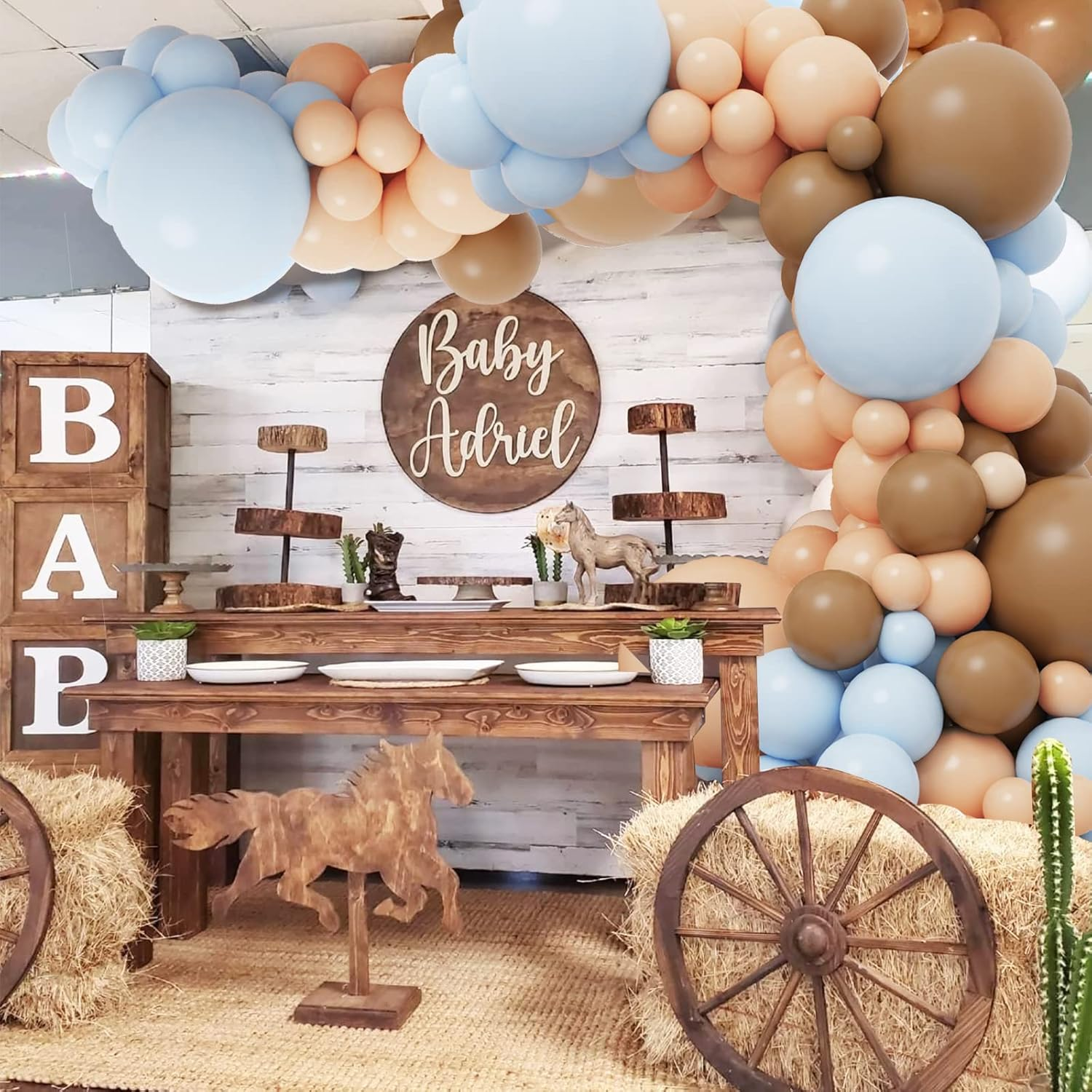 RUBFAC 156Pcs Brown Coffee Blue Balloon Garland Arch Kit with Boho Brown Nude Blue Balloons for Teddy Bear Baby Shower, Gender Reveal and Birthday Party Decoration