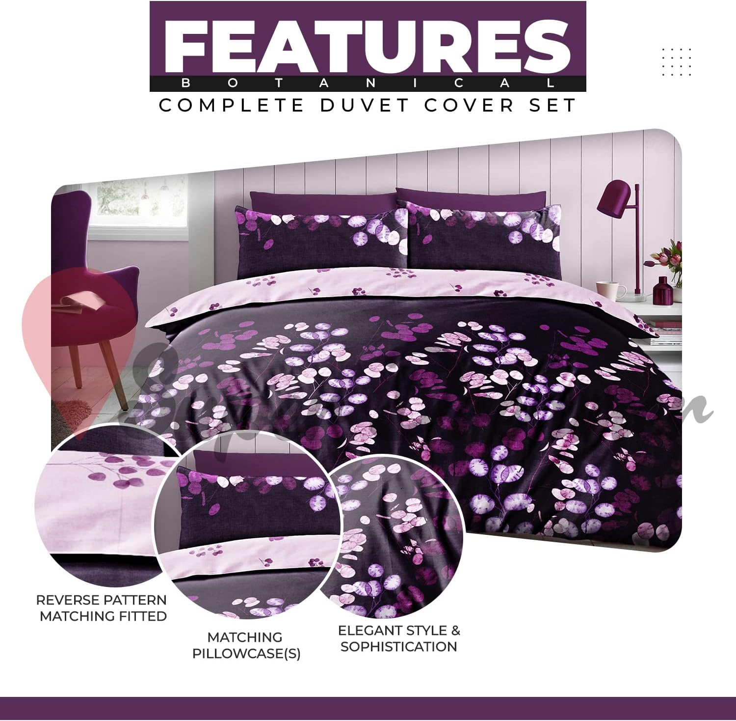 Botanical Fitted Sheet Single Duvet Cover with Pillowcase, 3Pcs Breathable Complete Bedding Set, Purple