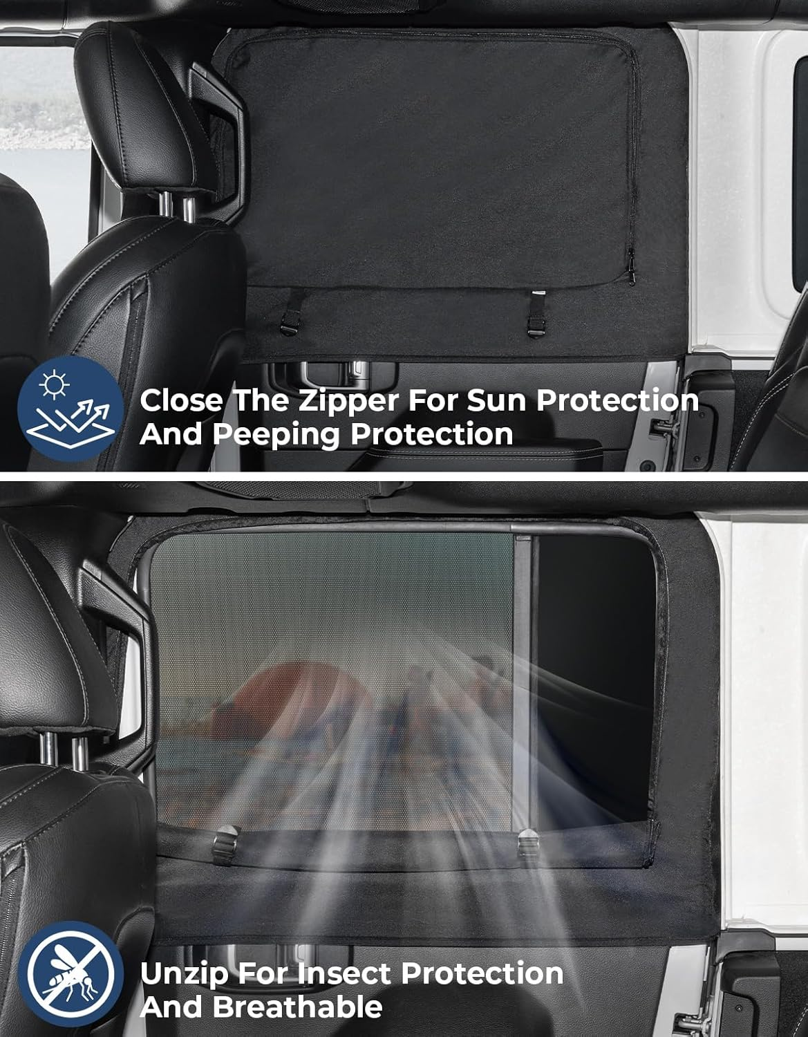 JOYTUTUS Rear Wrangler Side Window Sun Shade Camping Window Insect Screen Compatible with 2007-2024 Wrangler JK JL 4 Doors Gladiator JT, Car Window Covers for Privacy Blackout 2 Pcs image number 5