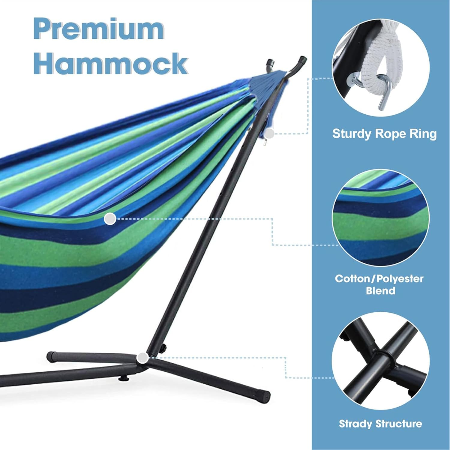 Adjustable Hammock Stand Portable Double Hammock with Space Saving Steel Stand 450 Lbs Capacity, 2 Person Heavy Duty Standing Hammock for Camping Beach Patio Garden Yard Outdoor & Carrying Bag, Blue image number 3