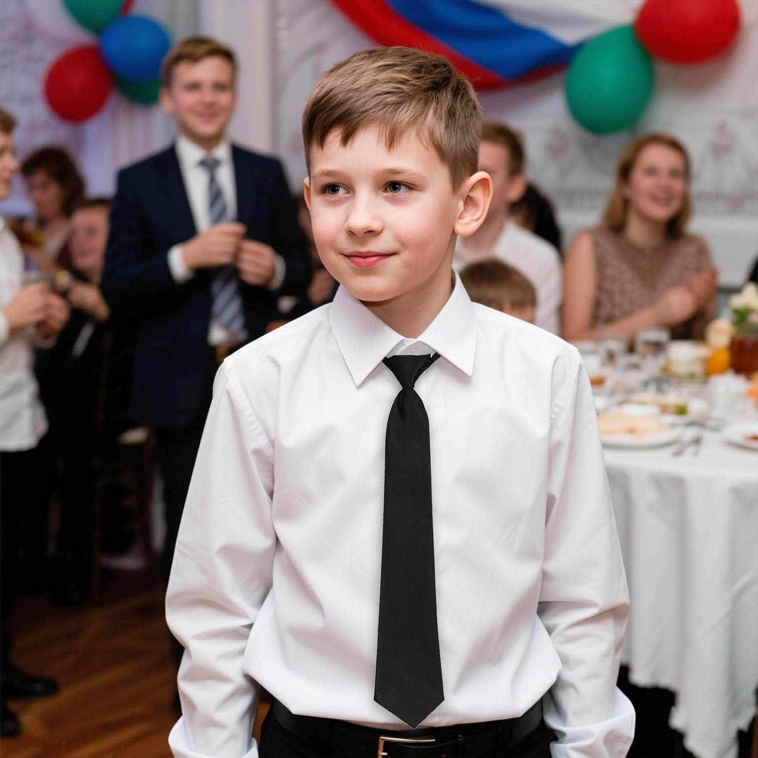 OJIOUI 1Pcs Boys Ties Boy'S Necktie Solid Color Pre-Tied Adjustable Neck Strap Tie for Wedding Graduation School Uniforms - Navy Blue image number 7