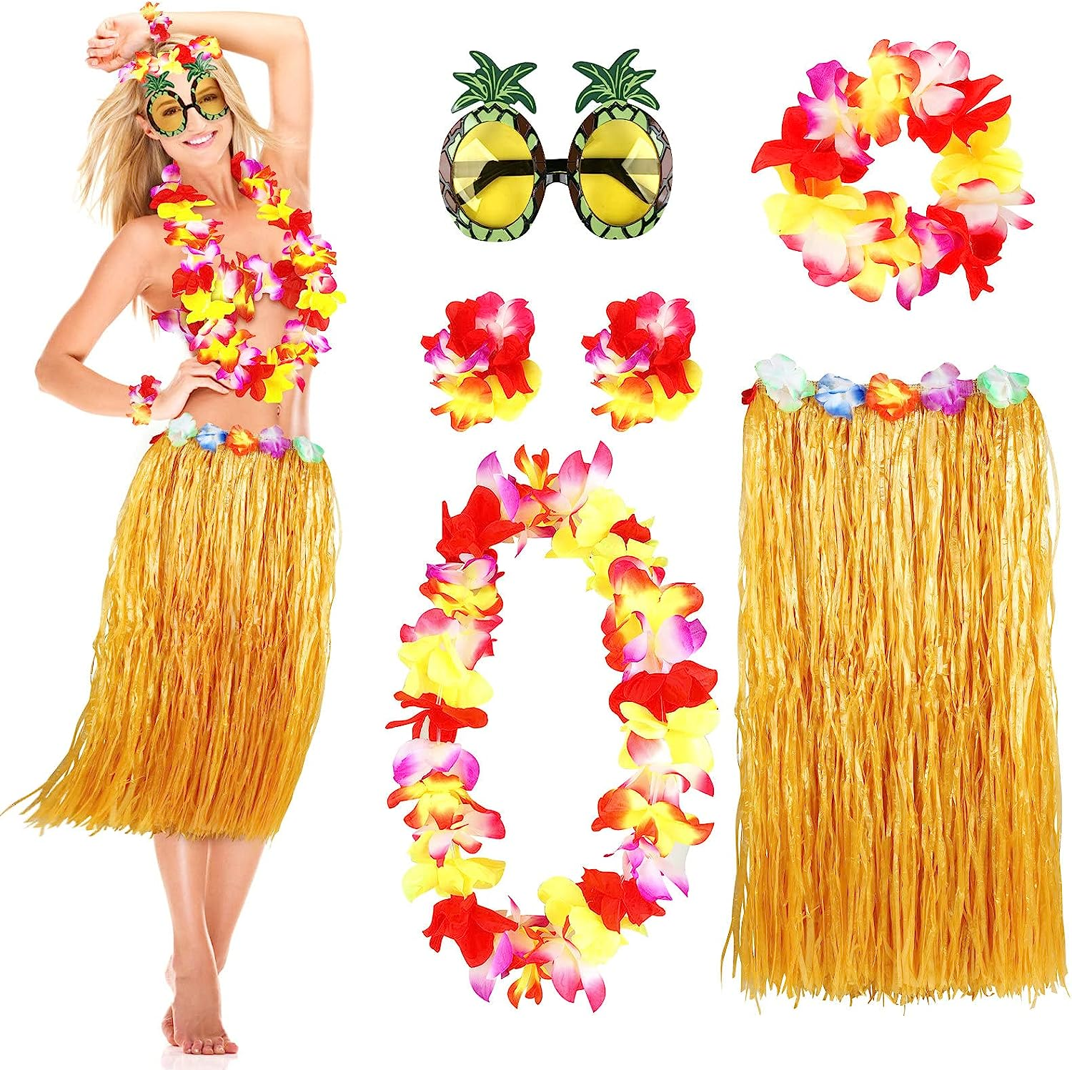 Grass Skirt for Adults, Women Hula Skirt for Hawaiian Luau Party Outfits with Flower Leis and Sunglasses