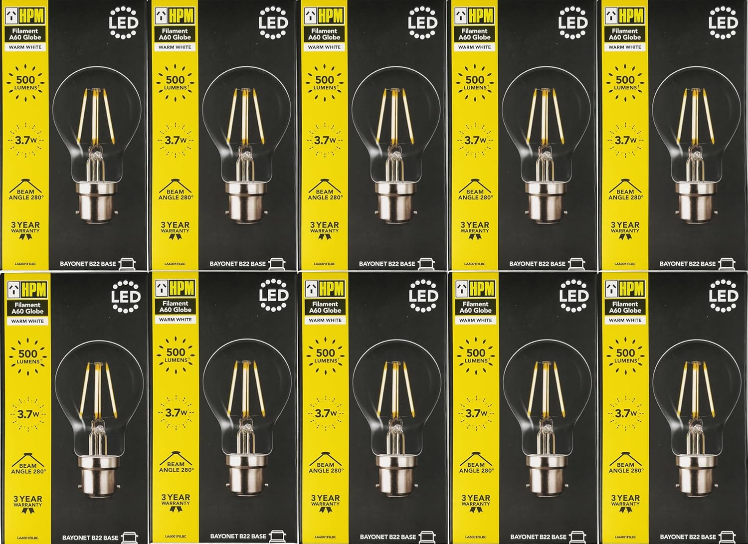 10 X 3.7W LED Filament Light Globes Bulbs B22 Bayonet BC 500Lm Warm White - HPM