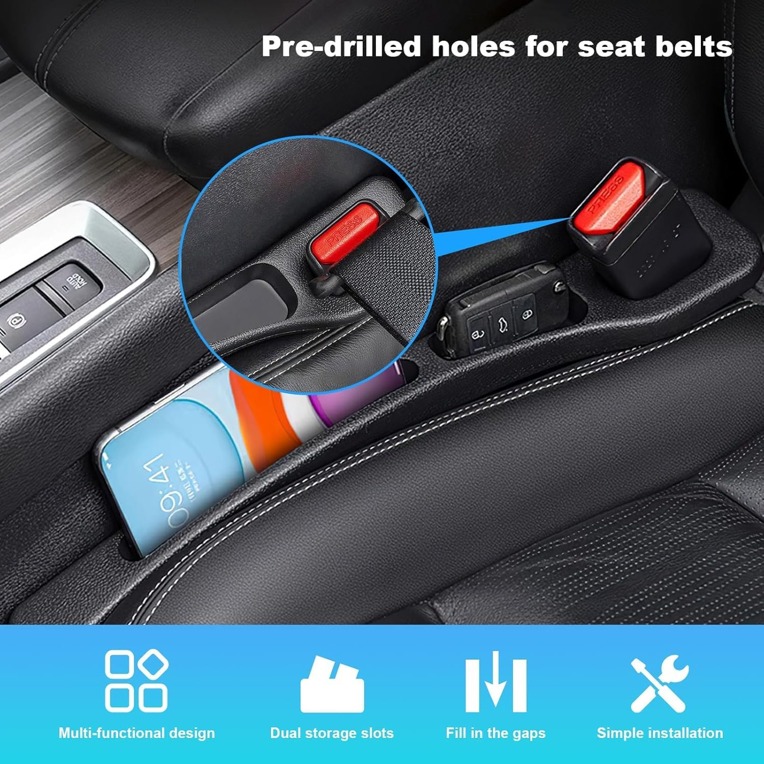 2 Pack Car Seat Gap Filler, No Drop Seat Protector with Storage Organizer and Hook Premium Soft Foam Padding for Side Gap Protection Universal Fit for All Cars (Black) image number 5