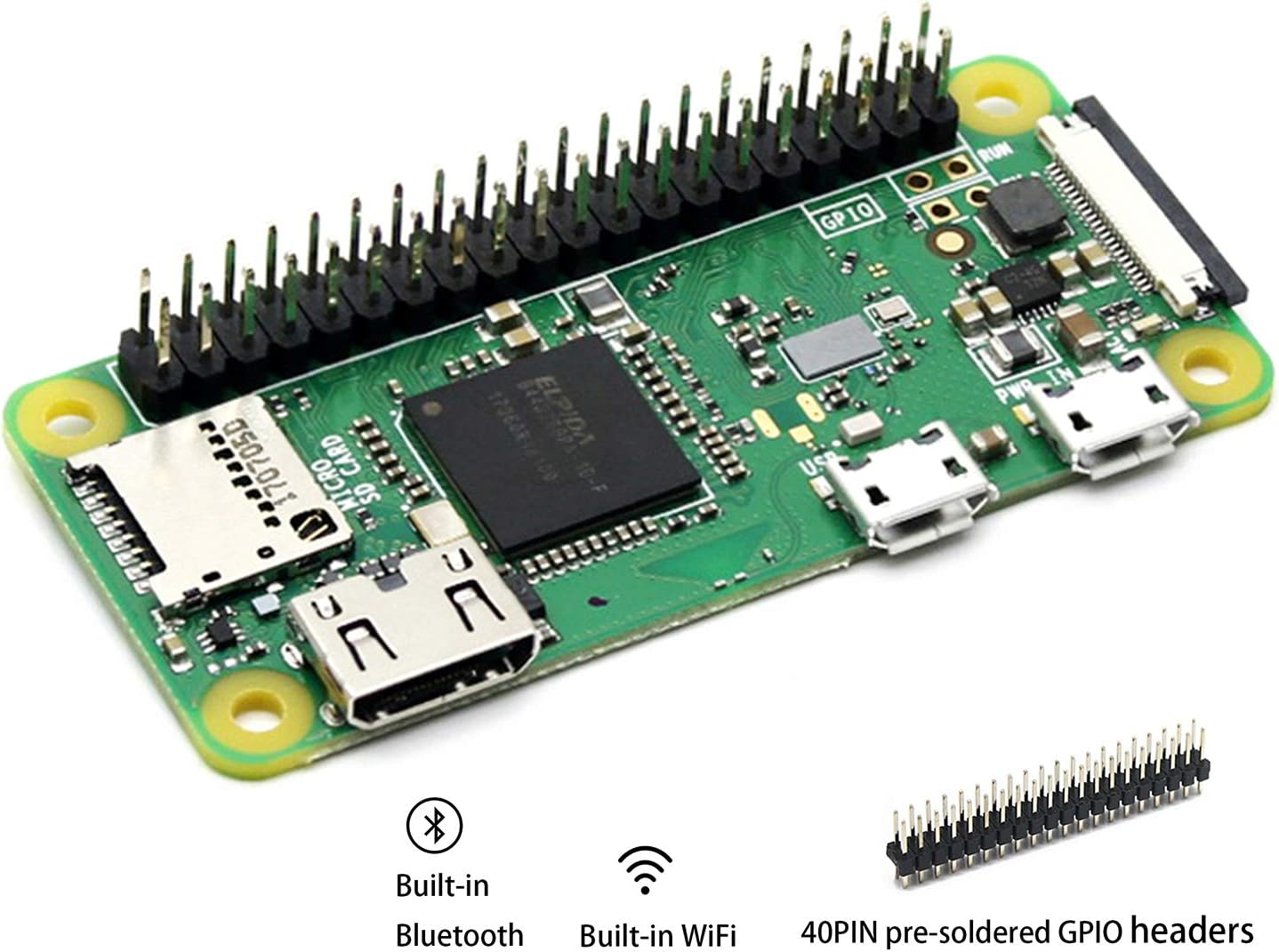 Built-In Wifi and Bluetooth Pi Zero WH, Zero WH Package Comes with Raspberry Pi Zero W with 40PIN Pre-Soldered GPIO Headers +Mini HDMI to HDMI Adapter +Micro USB OTG Cable