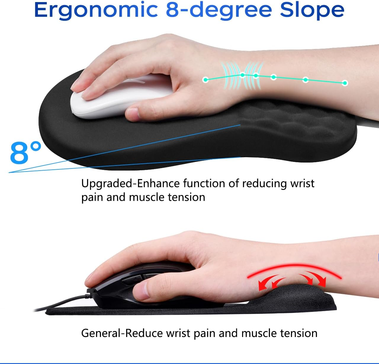 JIKIOU Ergonomic Mouse Pad Wrist Support with Massage Design, Memory Foam Wrist Rest Pain Relief Mousepad with Non-Slip PU Base, Mouse Pads for Wireless Mouse Black 12X8 Inch image number 5
