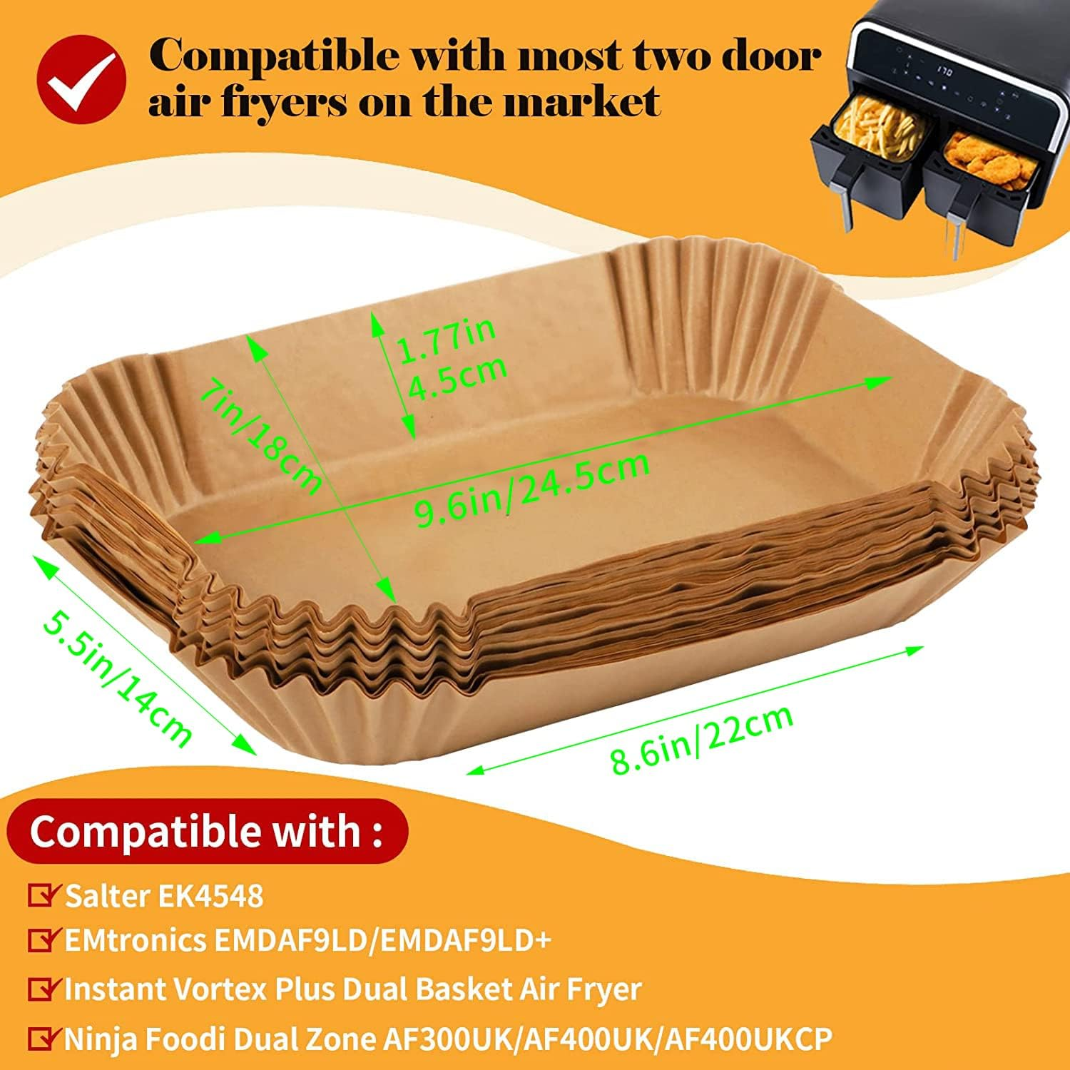 Air Fryer Disposable Paper Liner for Ninja Dual,100Pcs Non-Stick Air Fryer Liners Rectangle 8.6X5.5In,Compatible with Ninja AF300UK AF400UK, Salter and Other Dual Zone Air Fryer.