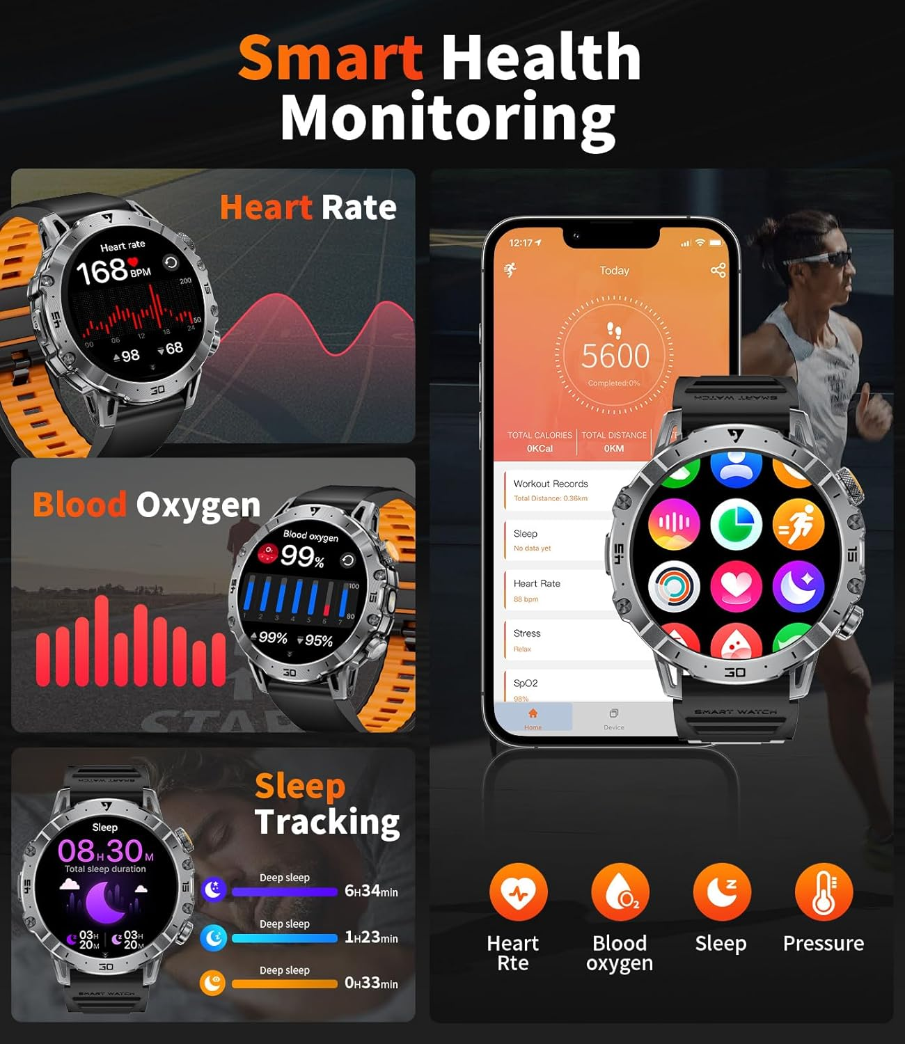 Military Smart Watch for Men (Answer/Make Calls), 1.7" Display with 1000Mah Large Battery/Led Flashlight/3 Straps/2 Charger, Health Tracking, 114 Sports Modes, IP68, Digital Man Watch for Android Ios image number 2