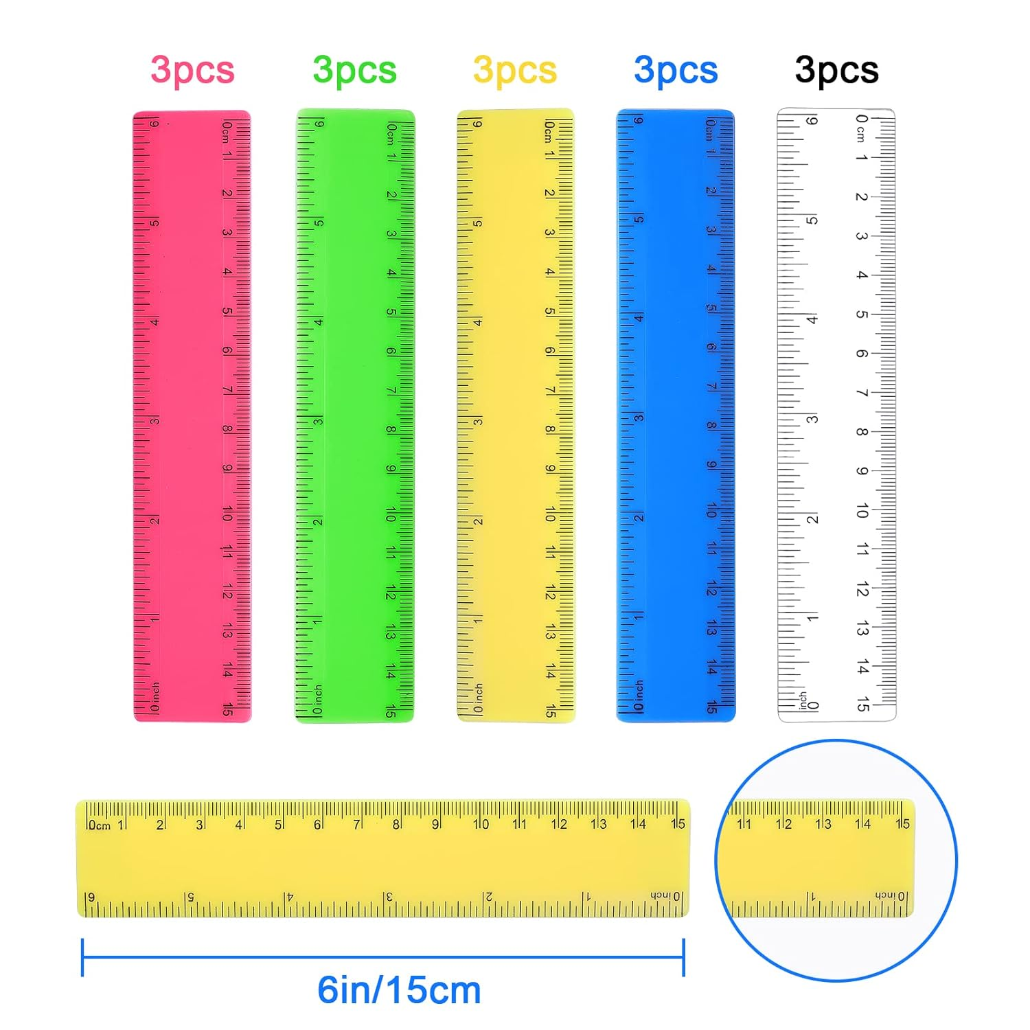 AIEX 15Pcs Color Transparent Ruler, 15Cm 6Inch Straight Ruler with Centimeters and Inches Plastic Multipack Rulers for School Classroom Home Office for Kids (Assorted Colors)
