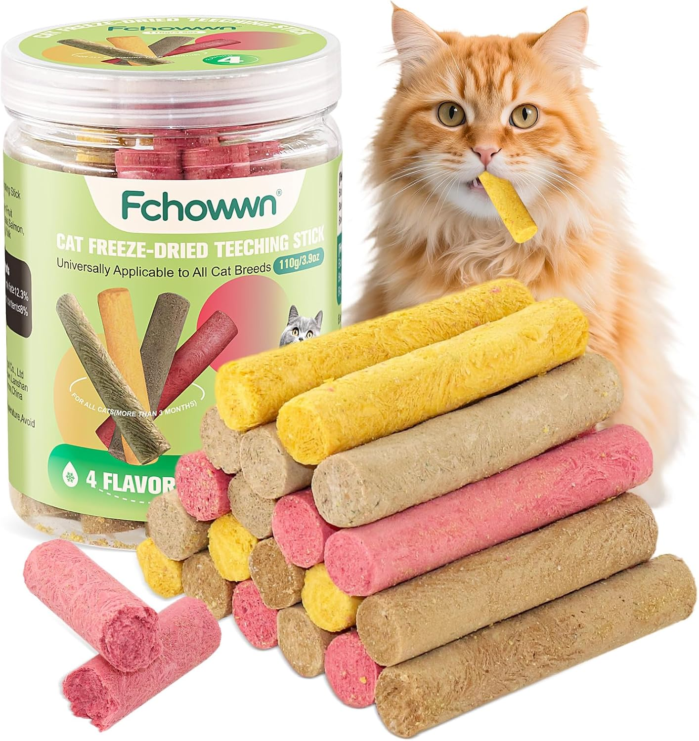 4 Flavors/110G Freeze-Dried Cat Treats,Natural Crunchy Cat Treats,Chew Sticks for Cats,Cats Dental Healthy and Hairball Control,(Beef,Cat Grass Salmon,Chicken Pumpkin,Chicken Dragon Fruit) image number 4