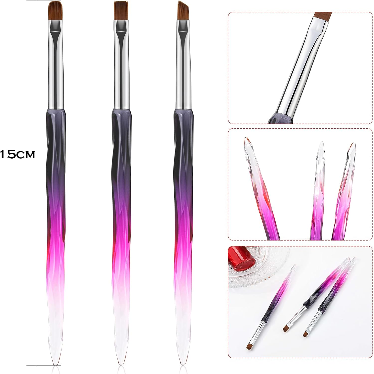 GEMSANVA Nail Art Clean up Brushes,3Pcs Nail Brush for Cleaning Polish Mistakes on the Cuticles,Flat/Oval/Fine Angled Gel Nail Brushes for Nail Art Design Painting and DIY Tools (BLACK PURPLE) image number 2