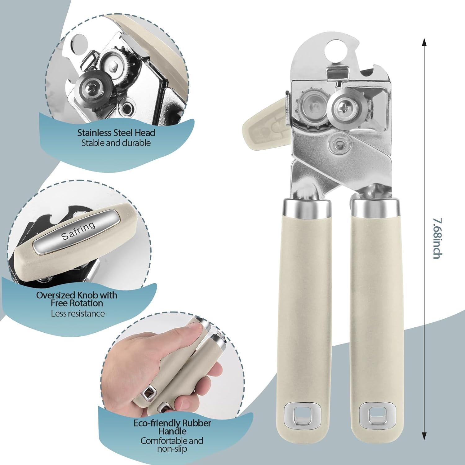 Safring Can Opener Manual, Heavy Duty Handheld Strong Can Opener with Soft Touch Handle, Sharp Blade Smooth Edge, Can Openers with Multifunctional Bottle Opener, Beige image number 5