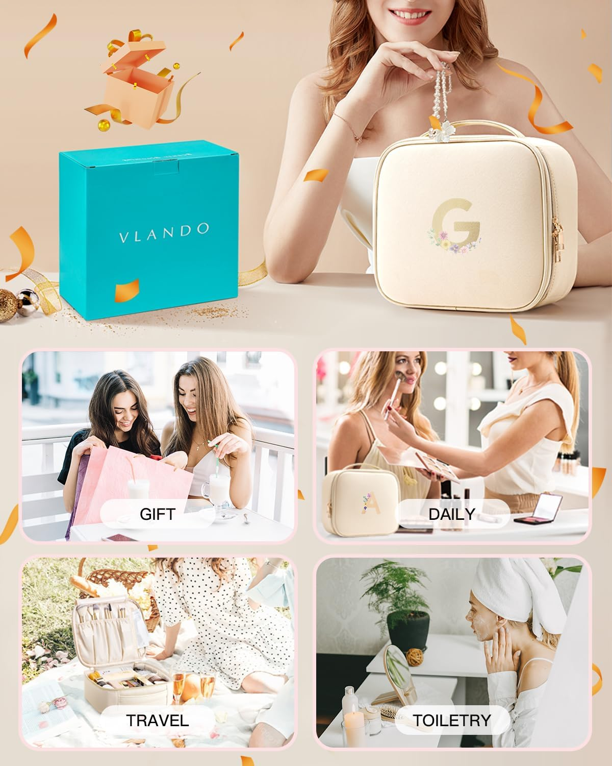 Vlando Teacher Appreciation Gifts for Women，Initial Makeup Organizer Bag,Monogrammed Bridal Shower Gifts Birthday Gift Christmas Gift(Letter G)