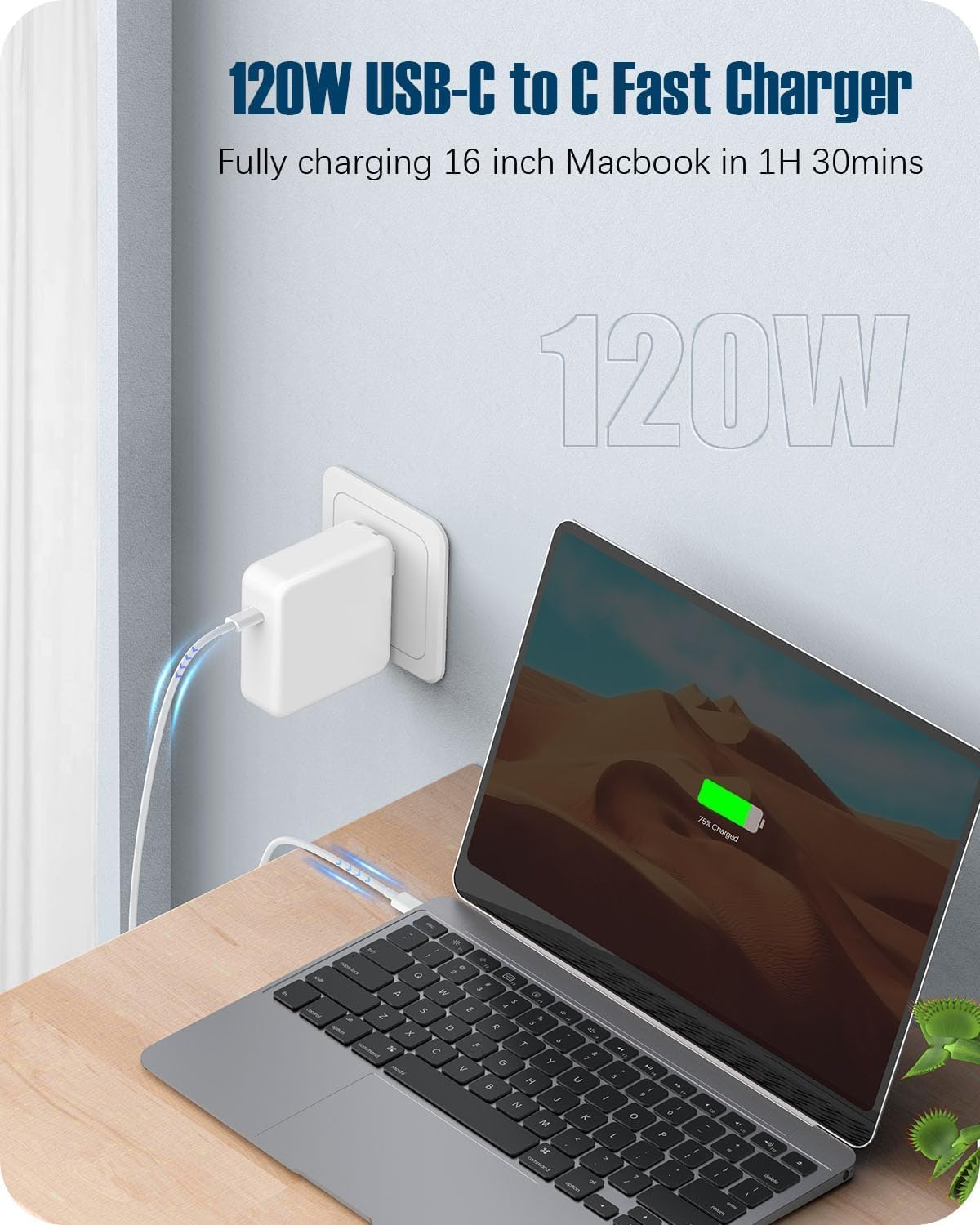 120W Macbook Pro Charger，Usb C Fast Charger Adapter Compatible with Macbook Pro & Macbook Air 13, 14, 15, 16 Inch, Ipad Pro, Samsung Galaxy and All USB C Device, Included 6.6Ft USB-C to C Cable