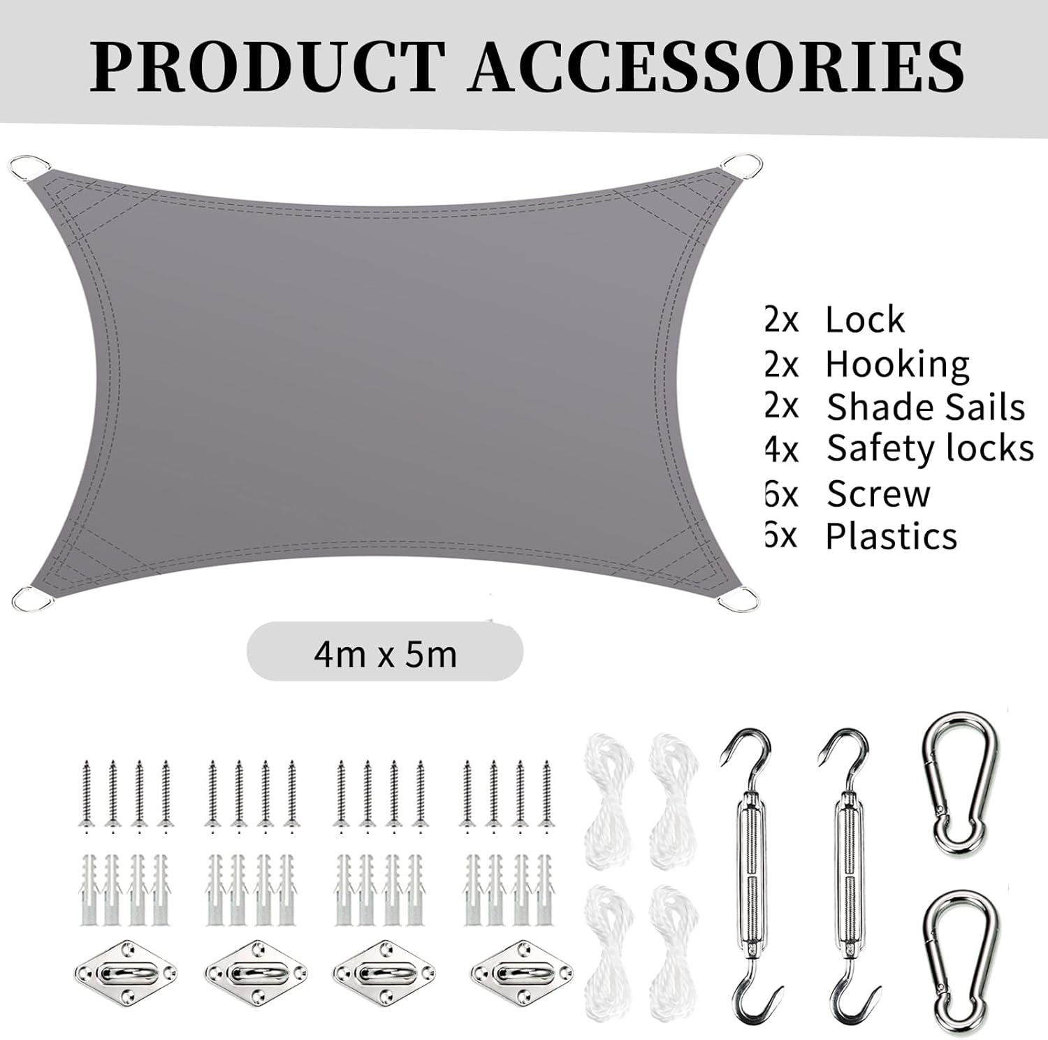 4Mx5M Rectangle Waterproof Sun Shade Sail 95% UV Block Sun Shades Canopy with Hardware Fixing Kit Double Stitched,Rip Resistant,Canopy Awning Shelter for Outdoors,Garden,Yard,Party and Facility(Grey) image number 5