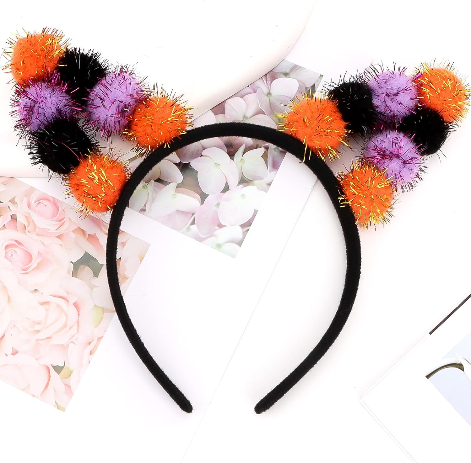 KIUEZIR Halloween Cat Ears Headband for Women - Three-Colour Glitter Pompoms Ears (Black/Purple/Orange) with Soft Headband, Party Accessories for Birthday Cosplay & Costume Parties image number 5