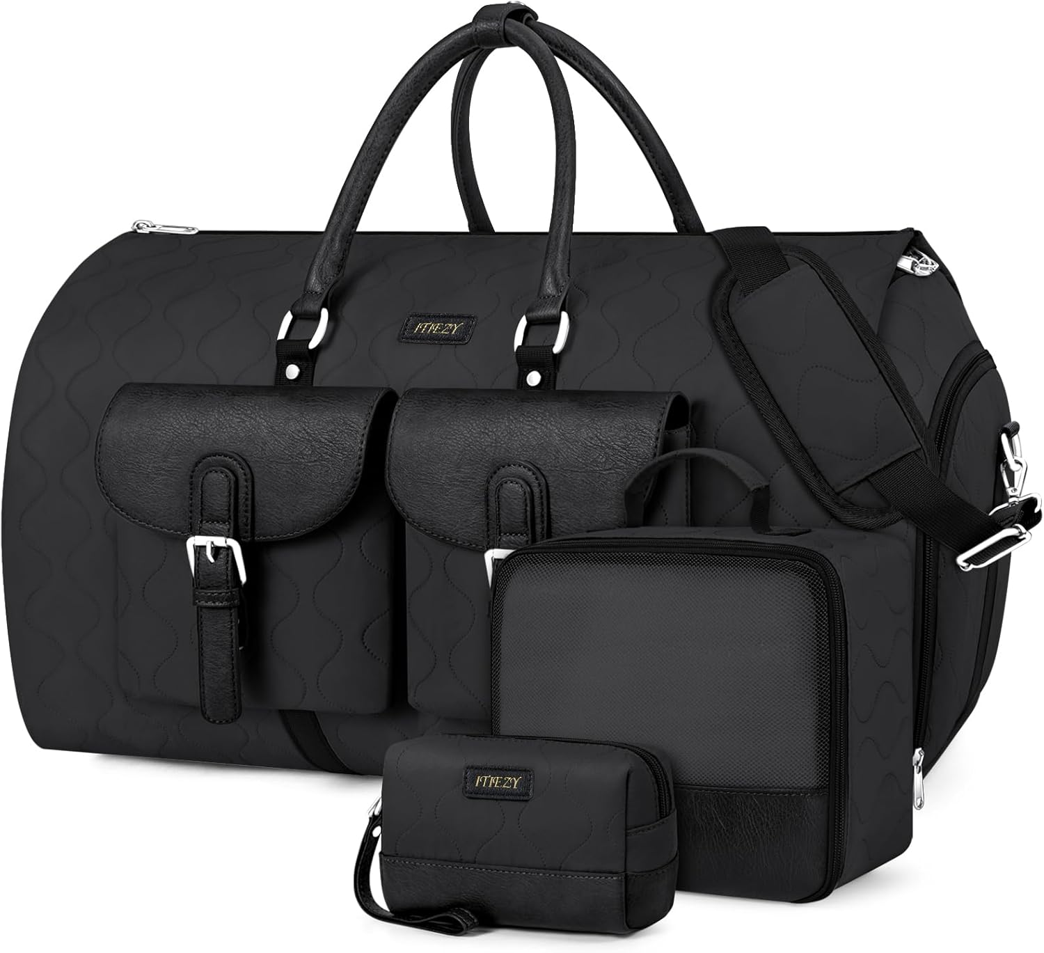 Garment Duffle Bag for Travel - Convertible Carry on Garment Duffel Travel Bag for Women Men Large Weekender Bag with Shoes Pouch 2 in 1 Hanging Suit Travel Duffel Bag 3Pcs Set, A02-Black