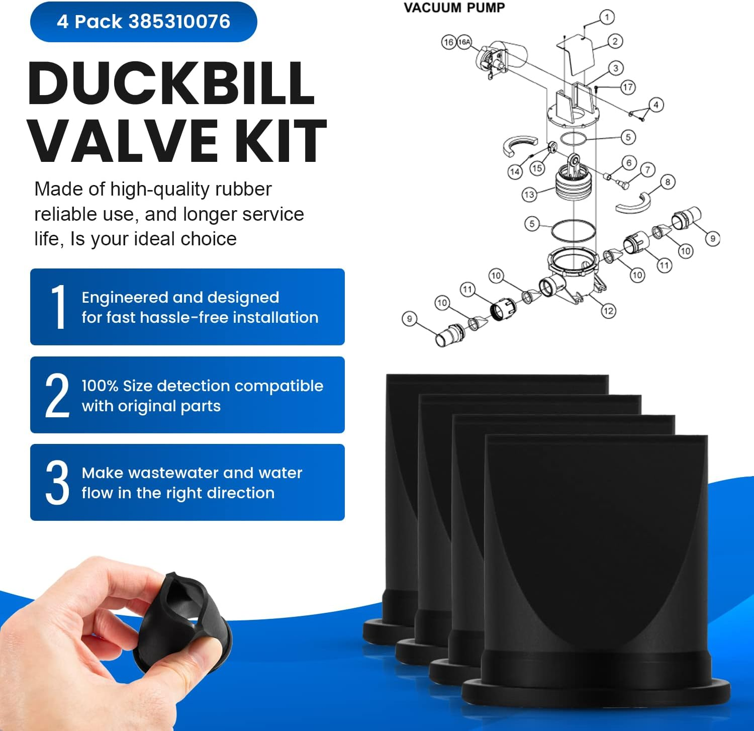 For Dometic 385230980 Pump Bellow Kit & 385310076 1-1/2'' Duckbill Valve Kit & 385310151 O-Ring Kit Replace for Dometic S, T, J, VHT, and VG Series Vacuum Pump Kit image number 1