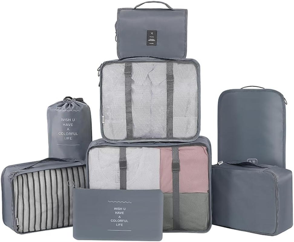 Belsmi Travel Garment Bags Set of 8 Travel Bag in Suitcase Travel Luggage Organiser Compression Bags Suitcase Organiser with Shoe Bag (Style B - Blue)