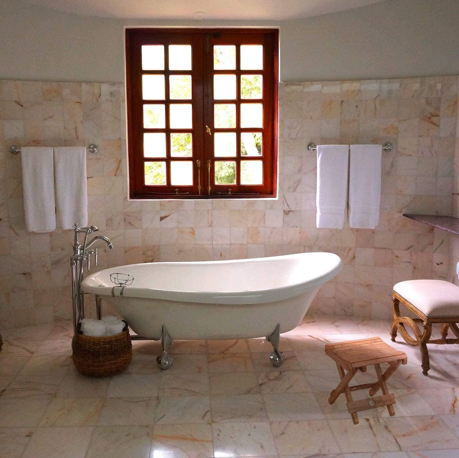 Jaycomey Bamboo Folding Stool for Shaving Shower Foot Rest, Foot Stools for Shower, Portable Wooden Shower Chair, Foldable Shower Seat for Bath, Fully Assembled 12.4 in Height image number 1