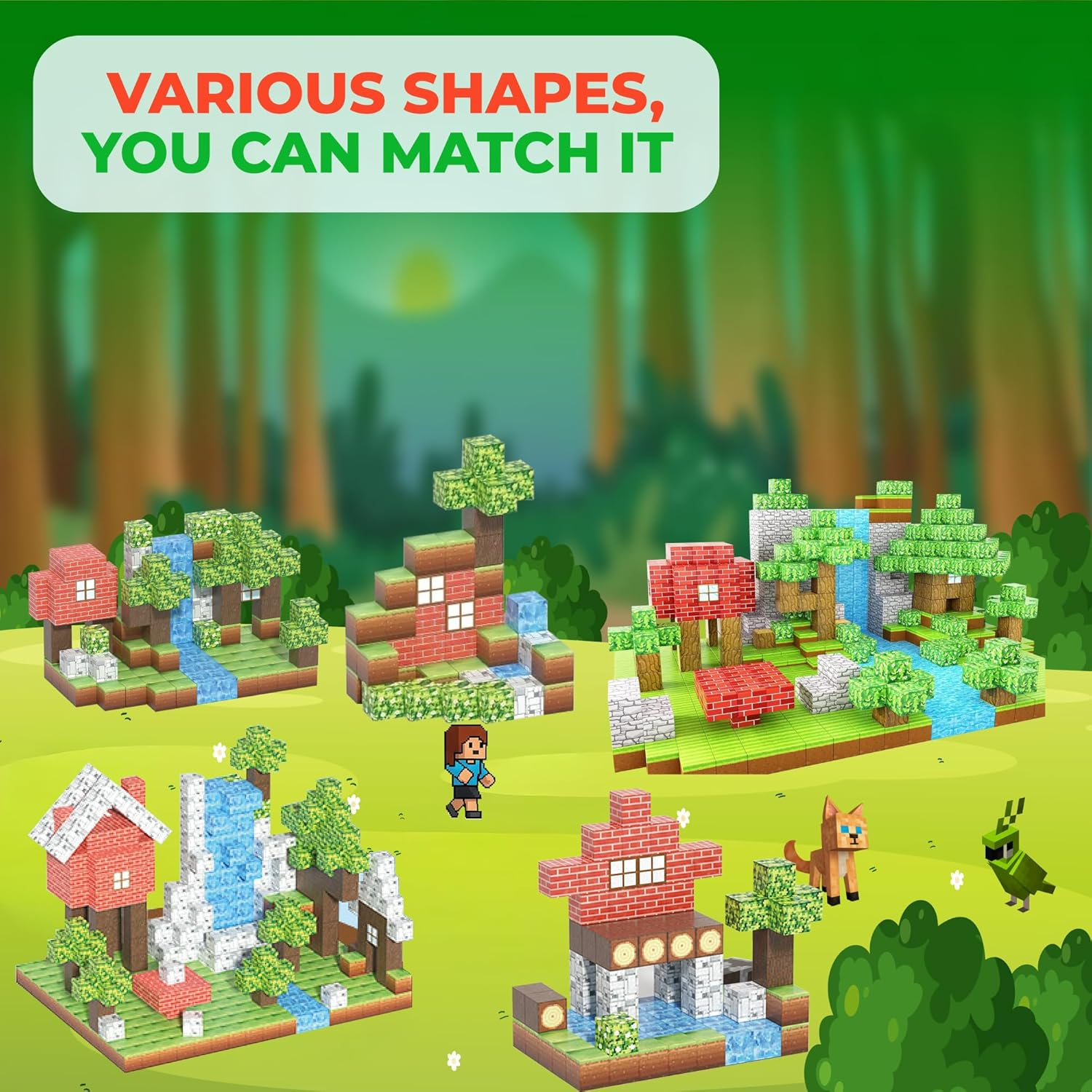 154PCS Magnetic Blocks - Build Animal Forest Set, Magnetic Tiles Building for Boys & Girls Age 3-8, STEM Montessori Sensory Toys for Toddlers Kids Gifts for 3+ Years Old, Construction Toy image number 5