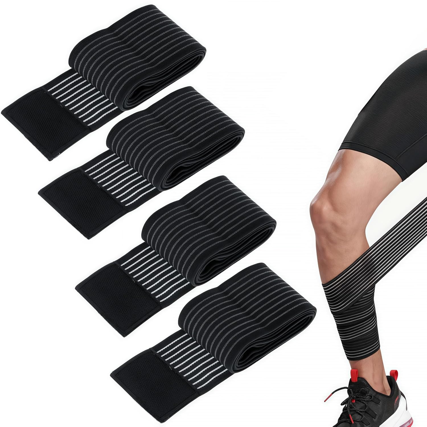 4 Pcs Elastic Calf Compression Bandage Wraps Straps Support,7.5 X 180 Cm Adjustable Stabilizing Leg Sleeve,For Calf Pain Relief,Lower Leg Compression Support,Shin Splint Guard, Football,Black