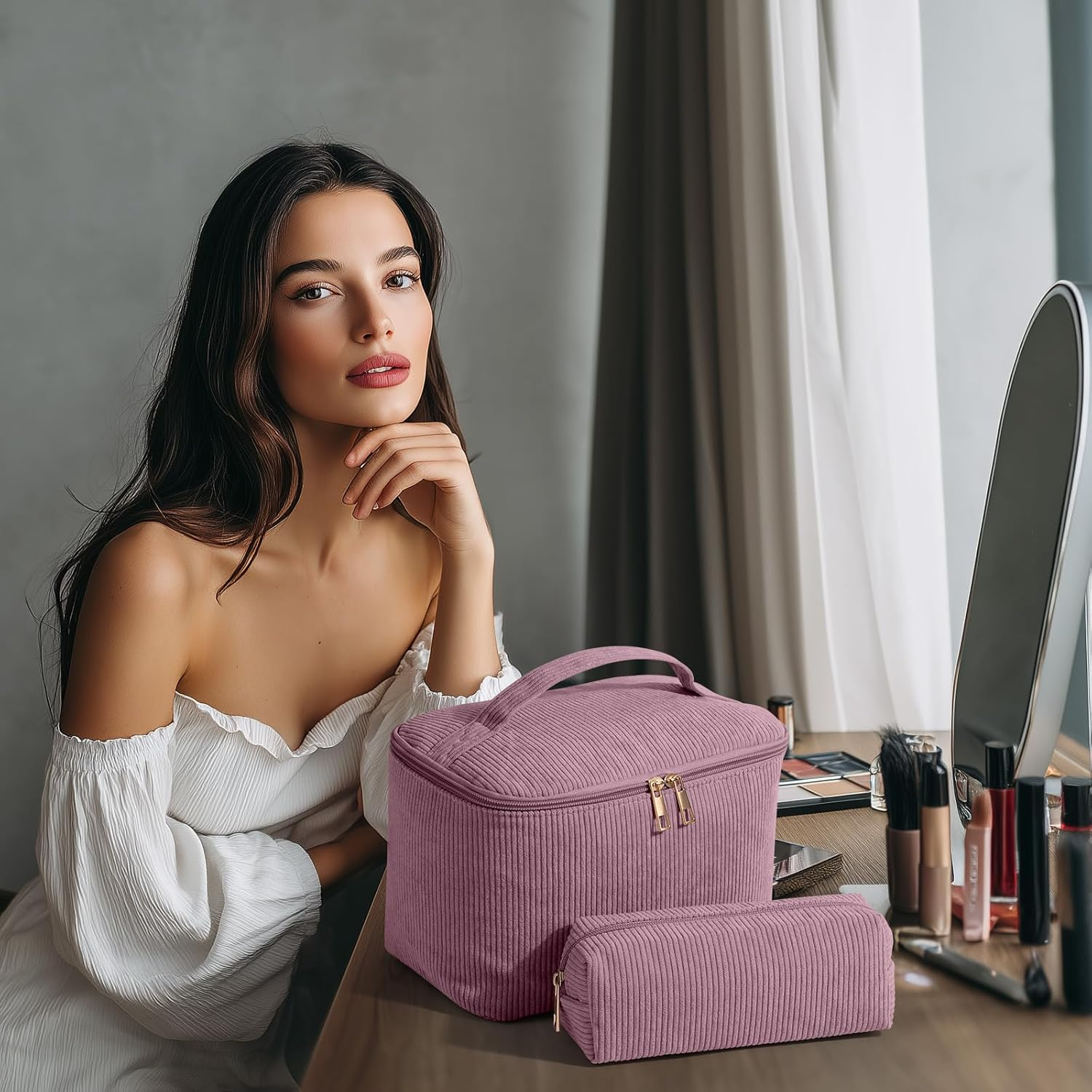 MAGEFY 2Pcs Makeup Bag,Cosmetic Bag Large Capacity with Handle Small Makeup Bag for Purse, Travel Makeup Pouch for Women (Pink) image number 5