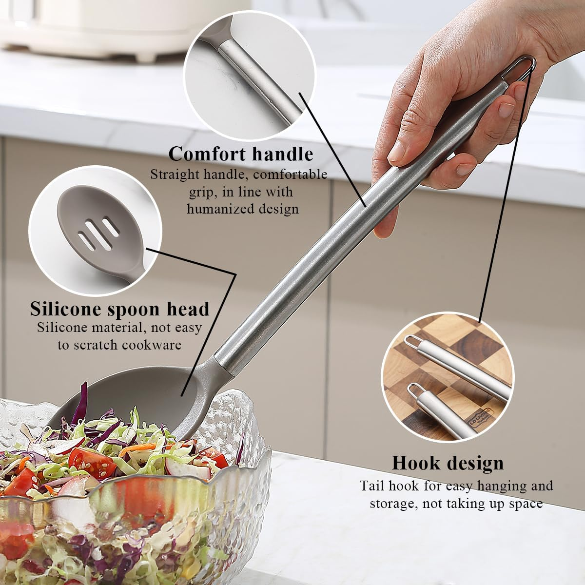 Silicone Cooking Spoon Set, Reanea Solid Spoon, Slotted Spoon, Heat Resistant Handle, Kitchen Spoon for Nonstick Cookware, Dishwasher Safe, Easy to Clean image number 2