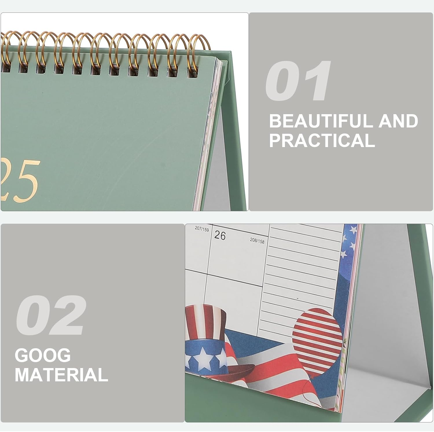 Tofficu Desk Calendar 2025 Green Paper Flip Calendar with Decorative Stickers Desk Stand Small Calendar Cute Desk Decor Aesthetic Chinese Lunar Year Monthly Planner Calendar for Office Home