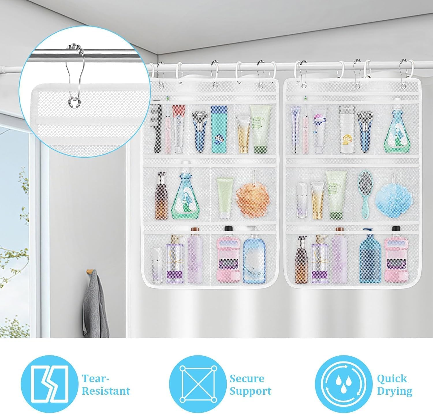 Mesh Shower Caddy Hanging Organiser -2 Pack Mesh Shower Bag with 7 Pockets Quick Dry Bathroom Storage Bag, Cruise and Dorm Essentials for Travel, Toiletry Organiser for Bathroom Shampoo Soap image number 2