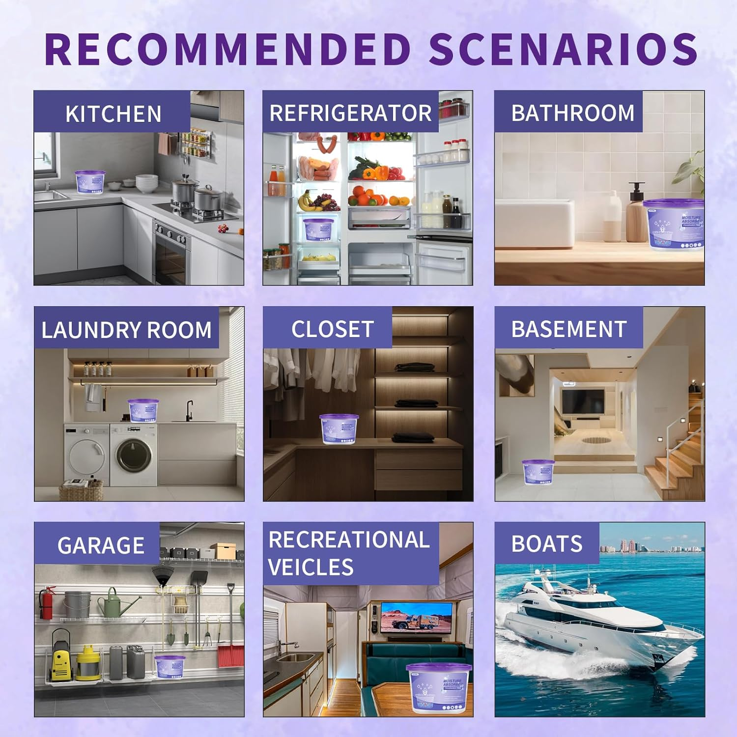 TFMOJHST Fragrance Free Moisture Absorption Box, Dehumidifier Bucket,Portable Dehumidifier Moisture Absorbers for Cars,Closet, Bathrooms, Kitchens, Laundry Rooms, Basements Etc(12 Pack,Purple)