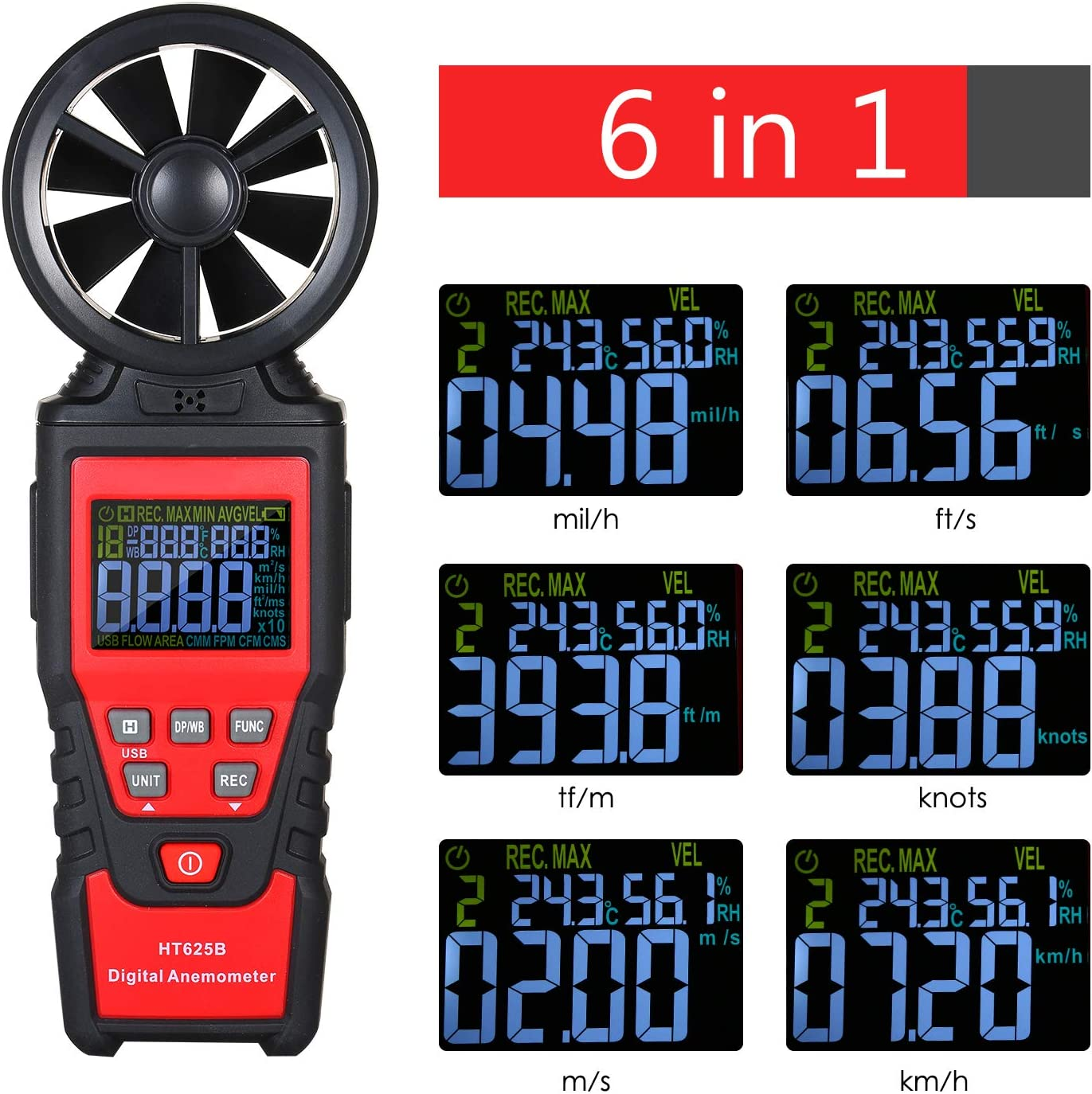 AUTENS Digital Anemometer Humidity Temperature Testers with USB Data Logging, LCD Color Screen, Wind Speed Meter Air Flow Meters for Measuring Wind Speed, Air Volume, MAX/MIN/AVG and Data Hold image number 6