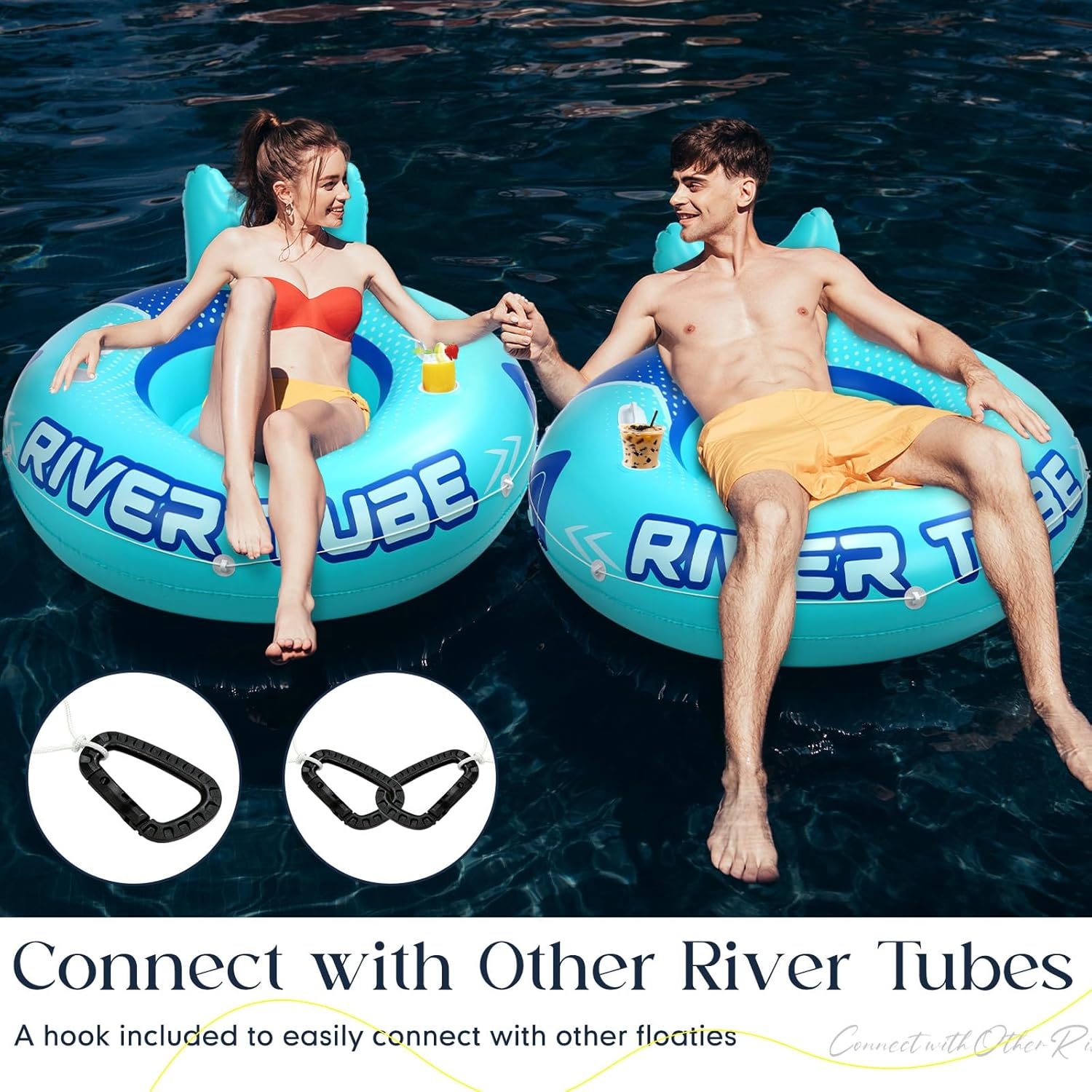 53" Heavy Duty River Tube Float Inflatable Pool Floating Tube for Adult Large River Raft Water Chair Lounger with Mesh Bottom Backrest 2 Cup Holders and Handles,Holds 300Lb image number 2