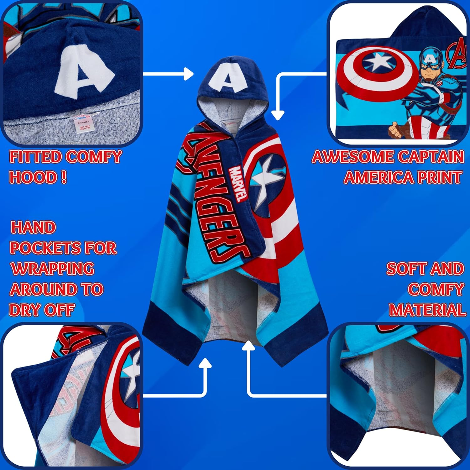 Marvel Captain America Hooded Towel 100% Cotton Avengers Poncho Kids Beach Bath Towel Swimming Wrap Boys Changing Robe image number 3