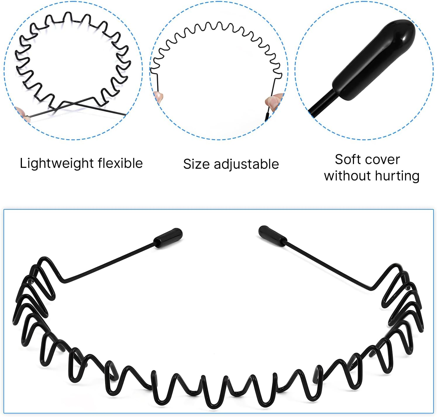 Qiifaiikooii 2 Pack Metal Hair Band for Men,Non Slip,Spring Wave Head Bands for Sports Washing Face Unisex(Black) image number 5