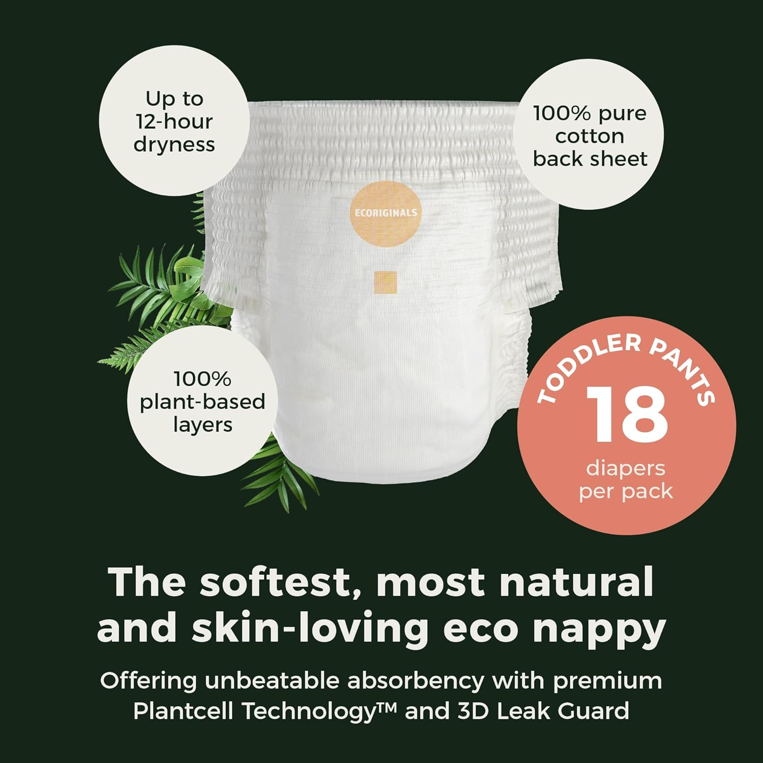Ecoriginals - 18 Eco Toddler Pull up - Nappy Pants Size 4 with 100% Plant-Based Layers, Disposable Pull Ups & Hypoallergenic Baby Essentials for Babies - Secure Fit (10Kg-15Kg), 1 Pack